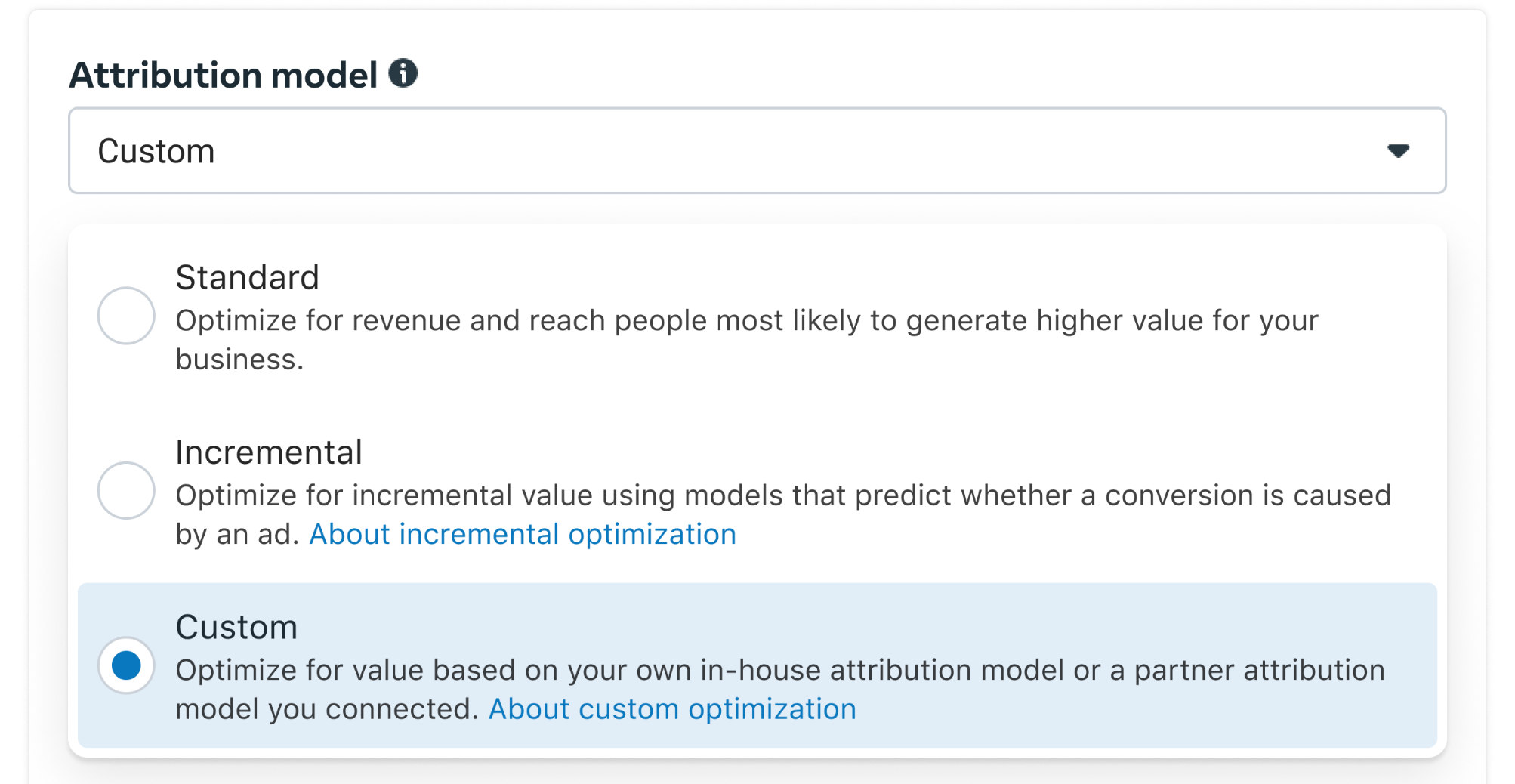Attribution model set to Custom