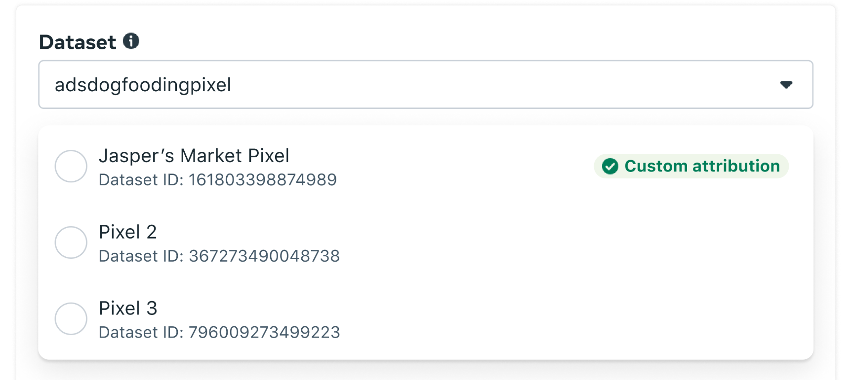 Dataset list with the green Custom attribution label