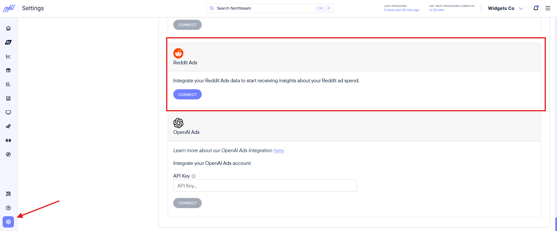 Reddit Ads integration card on the Connections page