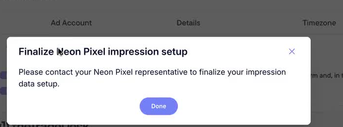 Finalize Neon Pixel impression setup message
