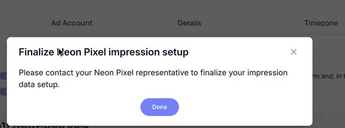 Finalize Neon Pixel impression setup message