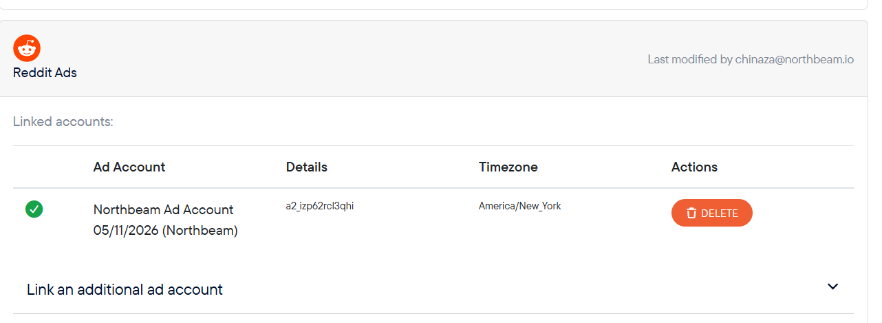 Connected Reddit Ads account on the Connections page