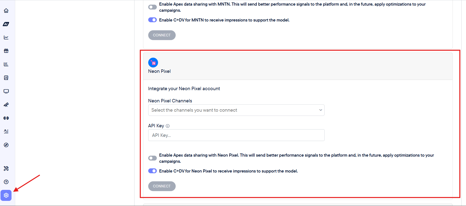 Neon Pixel connection card on the Connections page