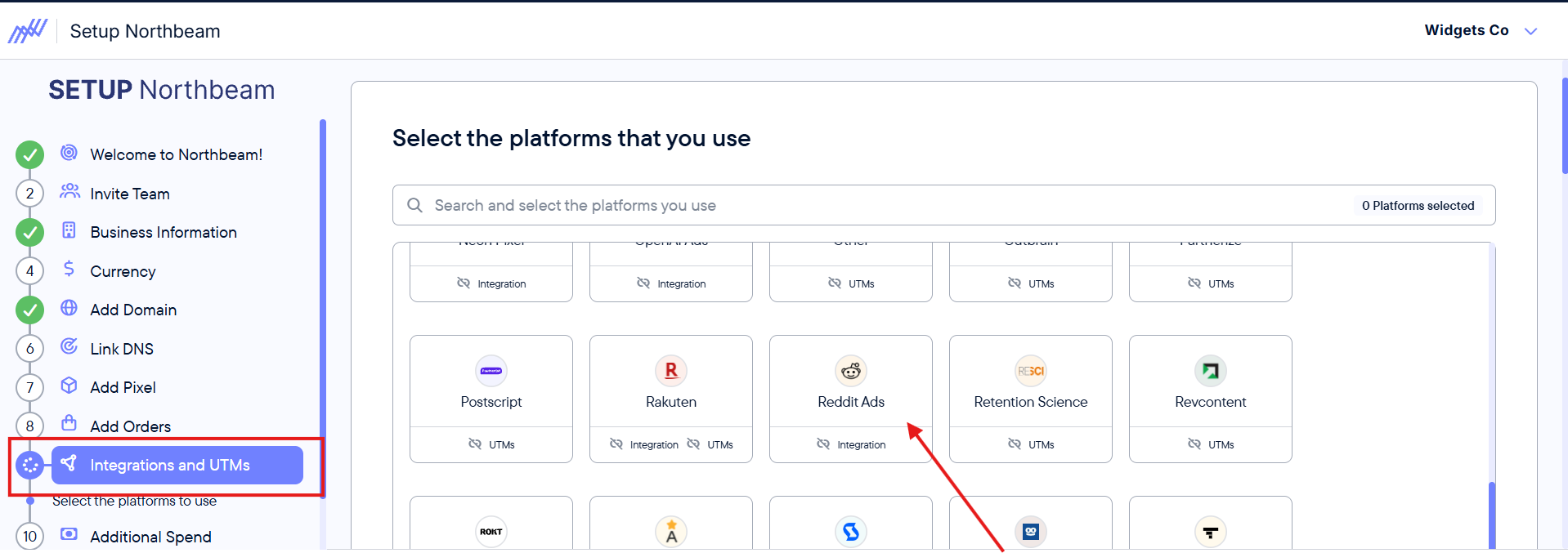 Reddit Ads integration card in the Northbeam onboarding flow
