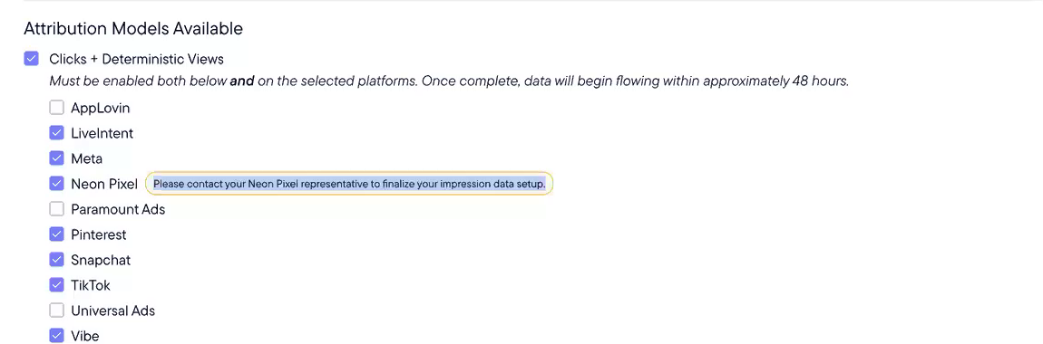 Clicks + Deterministic Views enabled for Neon Pixel in Model Settings