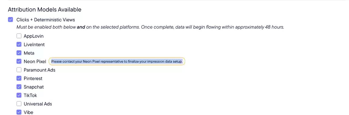 Clicks + Deterministic Views enabled for Neon Pixel in Model Settings