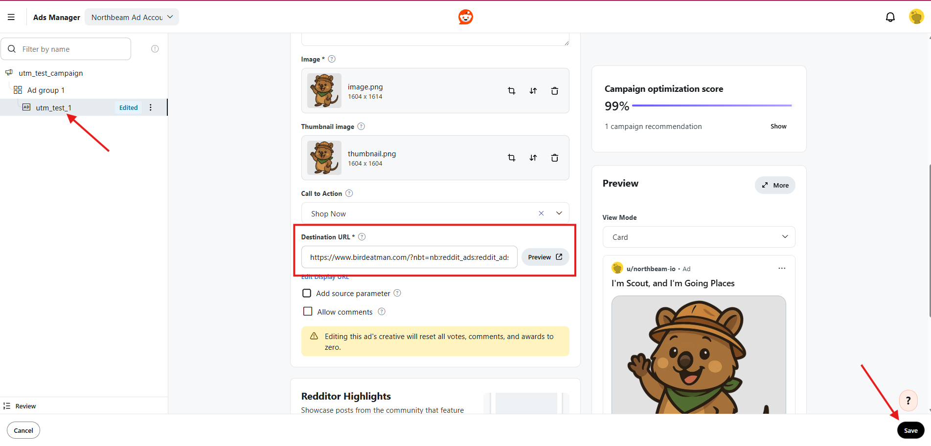 Destination URL field in Reddit Ads Manager