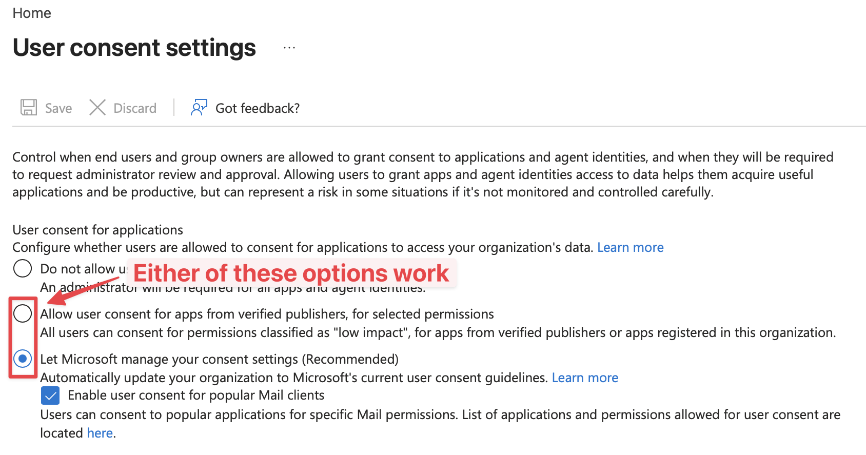 Microsoft Entra User consent settings with the two allowed options highlighted