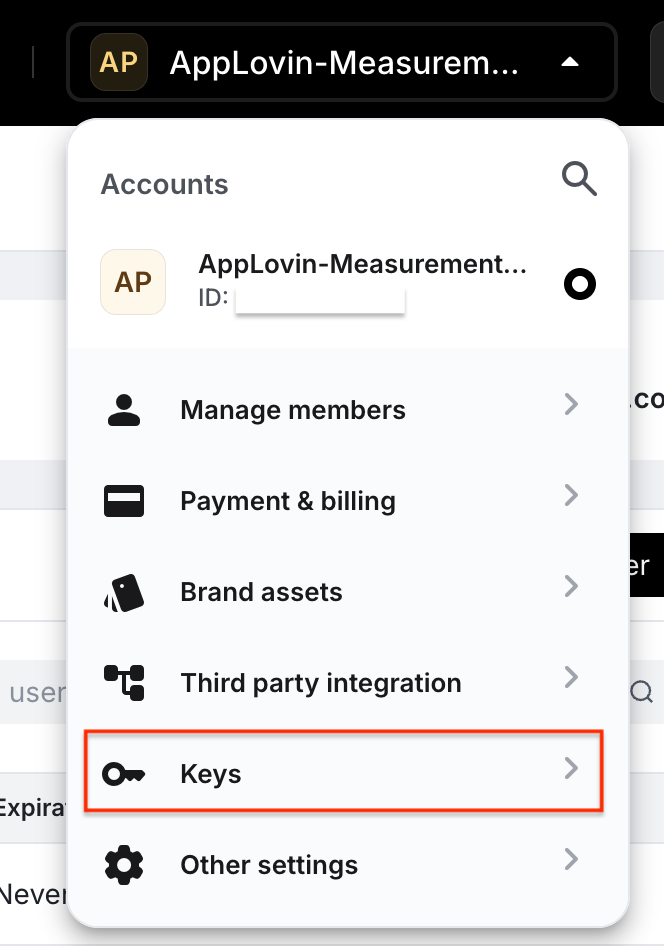 AppLovin top-right menu with Keys highlighted