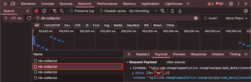 Network tab with multiple Northbeam collector requests, one showing pv in the Payload