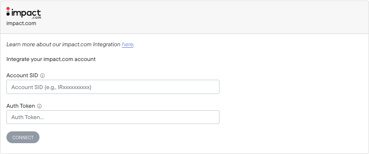 Northbeam Impact connection form with Account SID and Auth Token fields