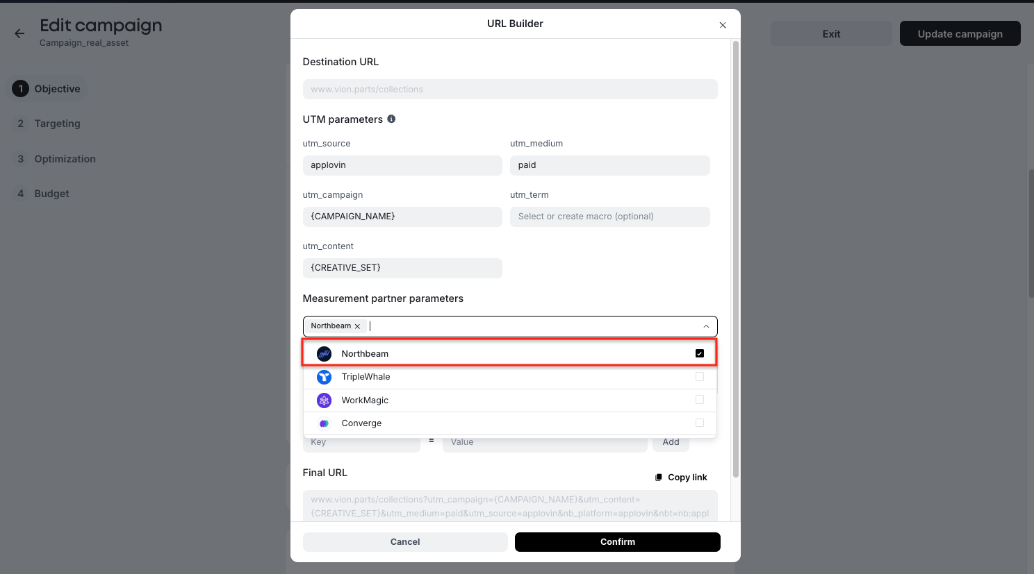 AppLovin campaign Tracking Parameters with Northbeam selected as the measurement partner