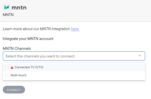 MNTN Channels selector on the Northbeam MNTN connection