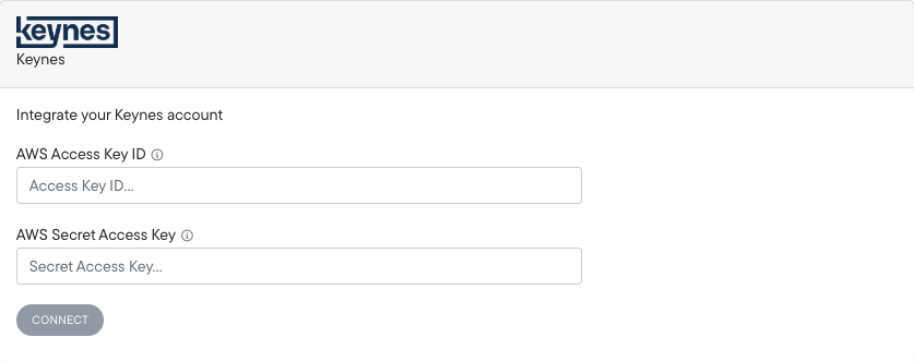 Northbeam Keynes connection form with AWS Access Key ID and AWS Secret Access Key fields