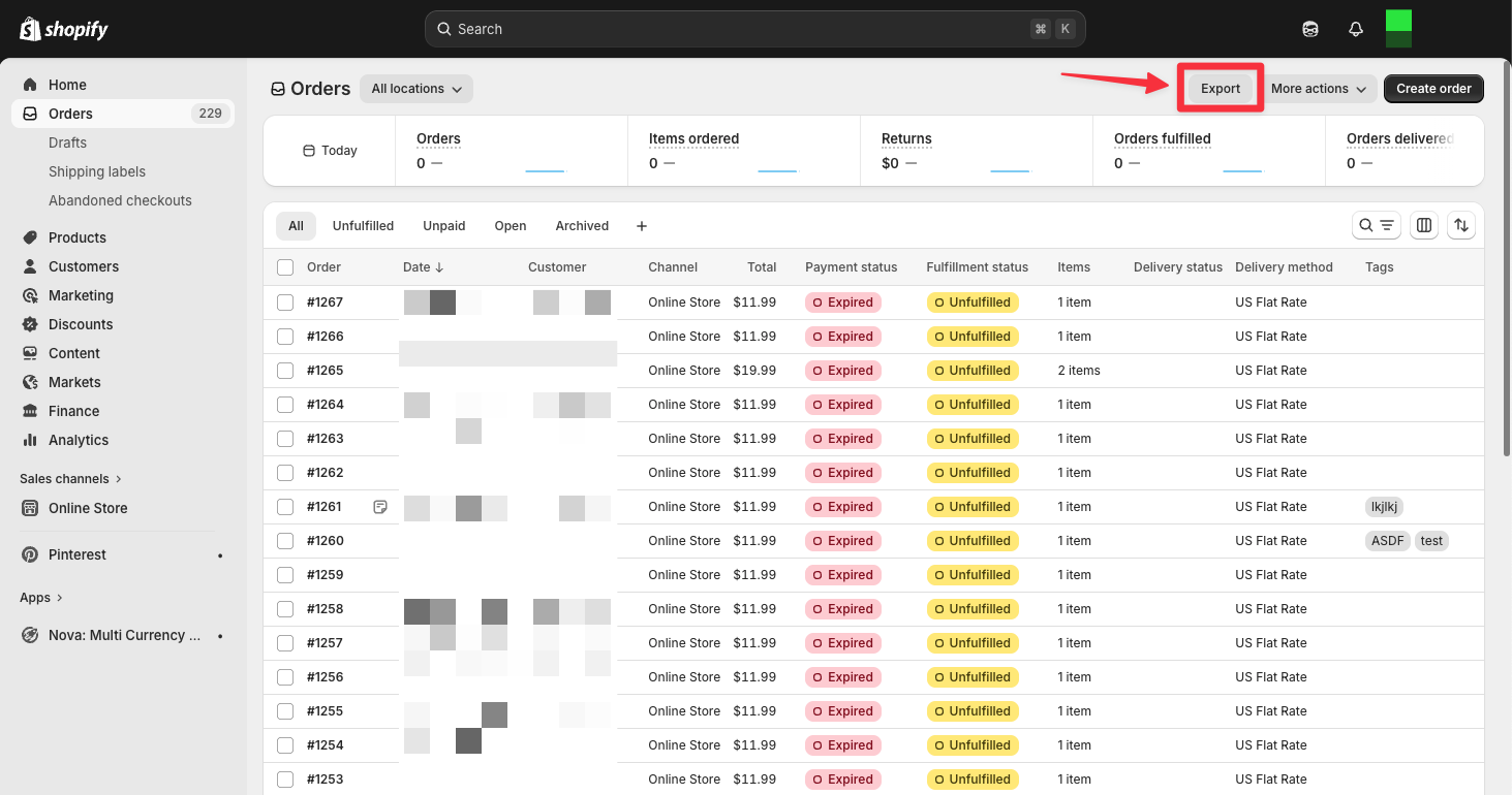 Shopify Orders export