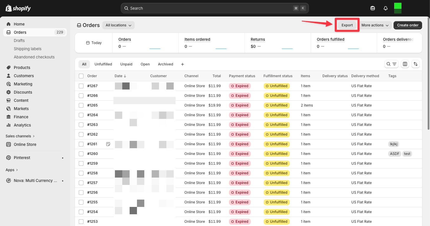 Shopify Orders export