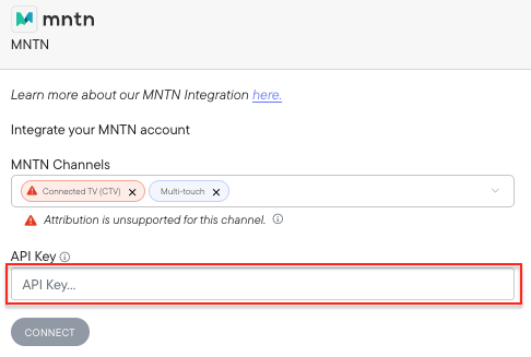 MNTN connection in Northbeam with the API Key field
