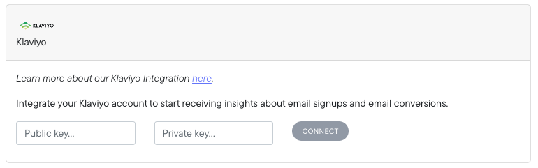 Northbeam Connections page with Klaviyo Public and Private API Key fields