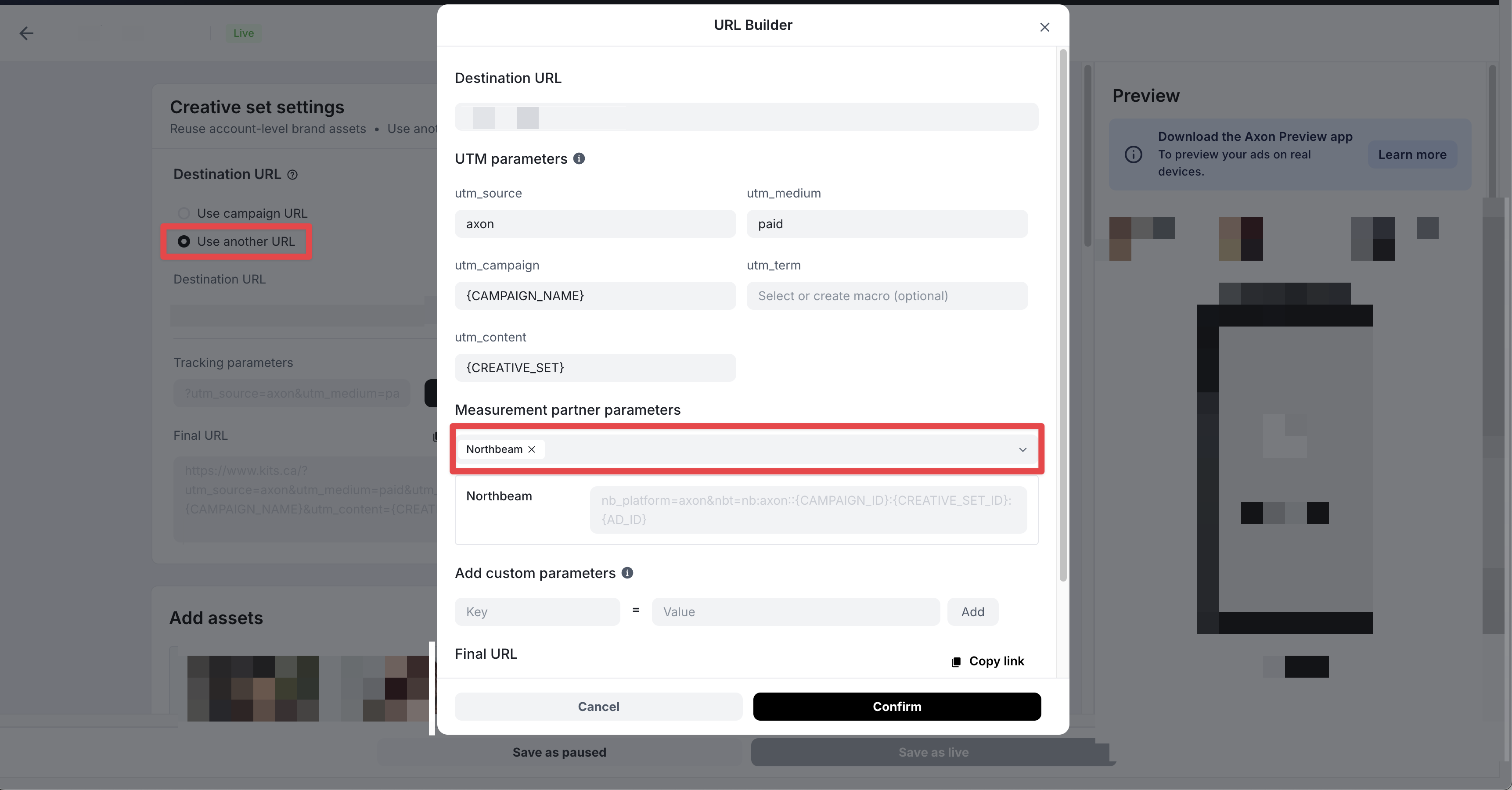 AppLovin Creative Set Settings Tracking Parameters with Northbeam selected