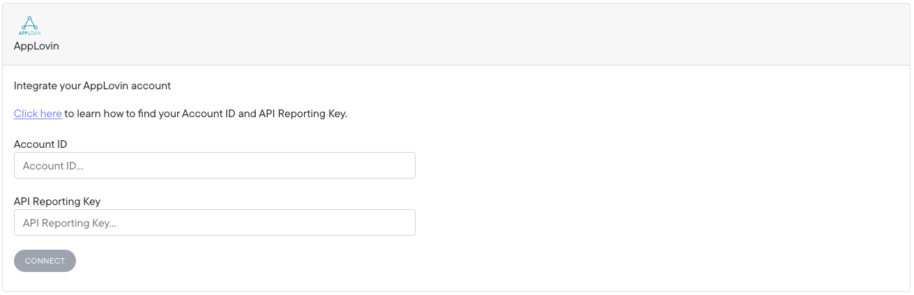 Northbeam AppLovin connection form with Account ID and Report API Key fields