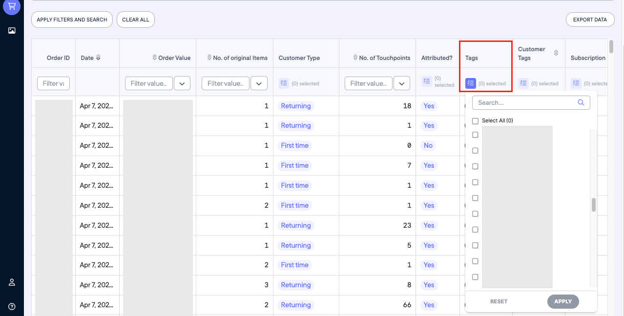 Orders Page > Tags
