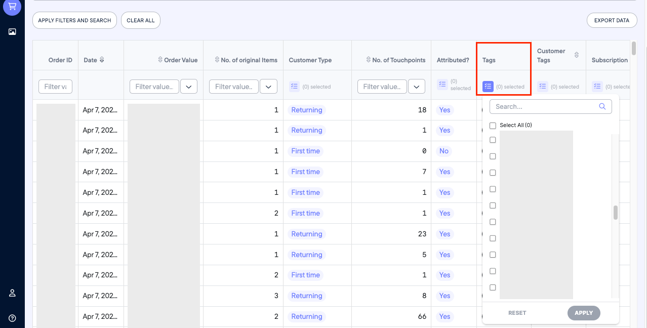 Orders Page > Tags