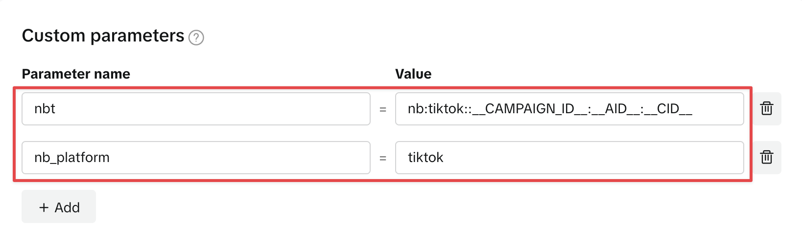 TikTok Ads Manager Build URL parameters with nbt and nb_platform filled in