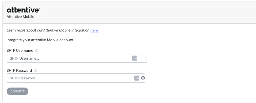 Northbeam Connections page with Attentive username and password fields