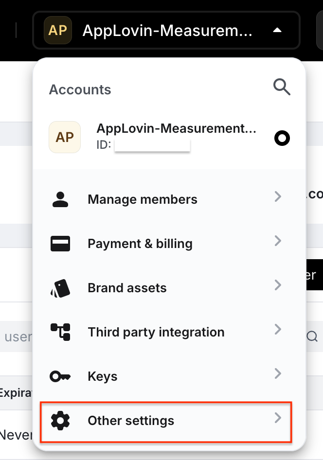 AppLovin top-right menu with Other Settings highlighted