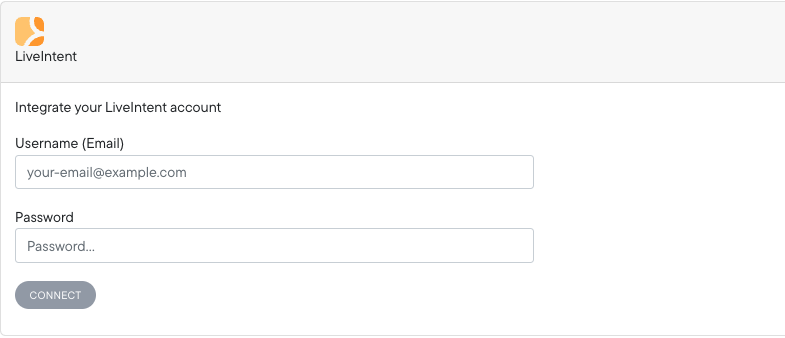 Northbeam LiveIntent connection form with username, password, and advertiser fields