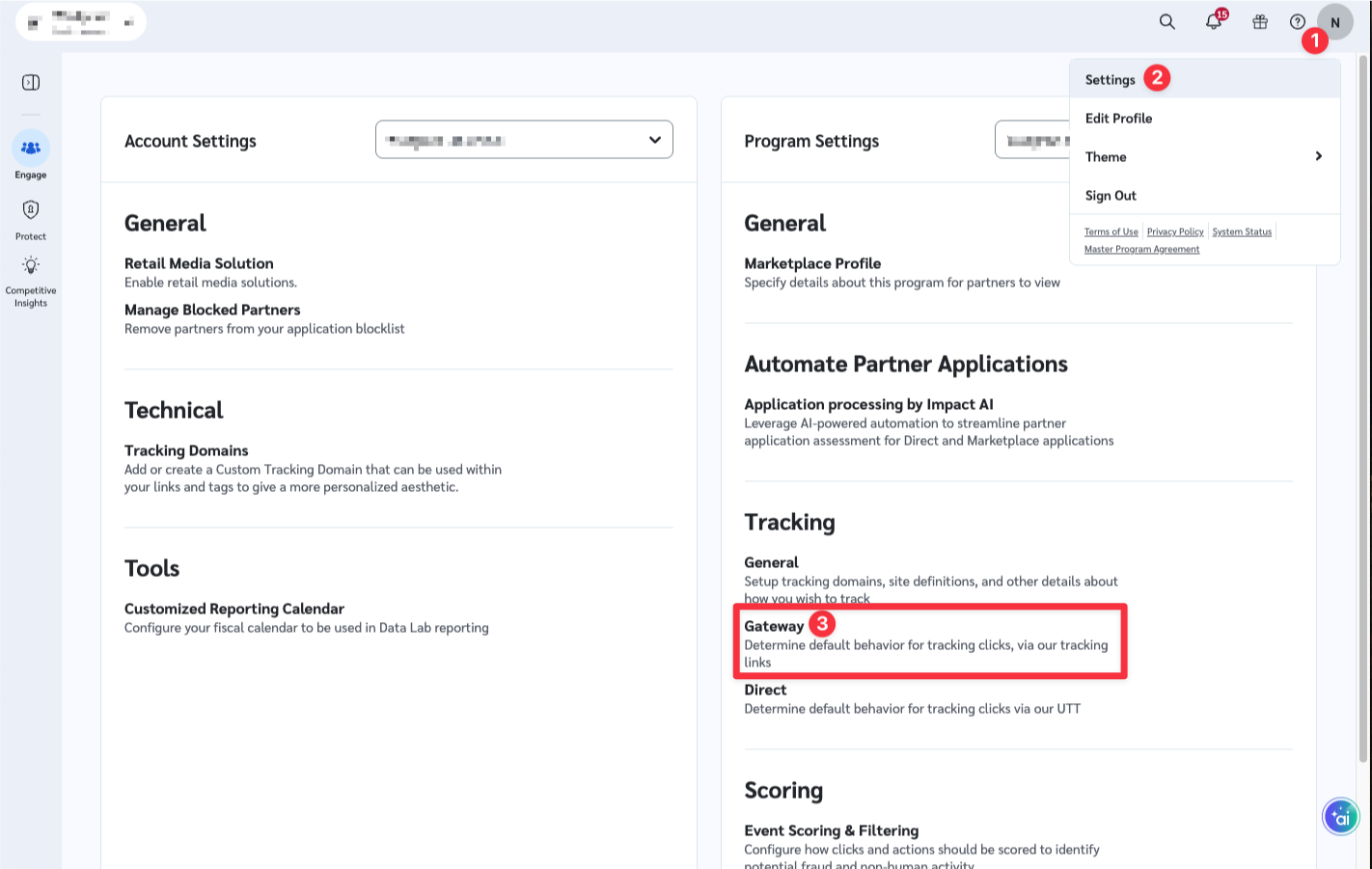 Impact Settings menu with Gateway selected