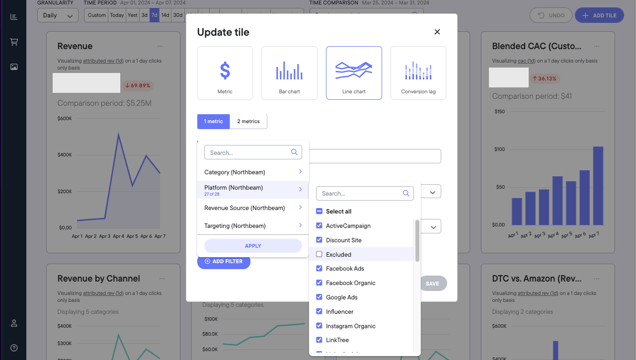Filter function in Overview Page

(3 dots the tile > Tile Settings > Add Filter > Platform > Untick "Excluded" > Apply)