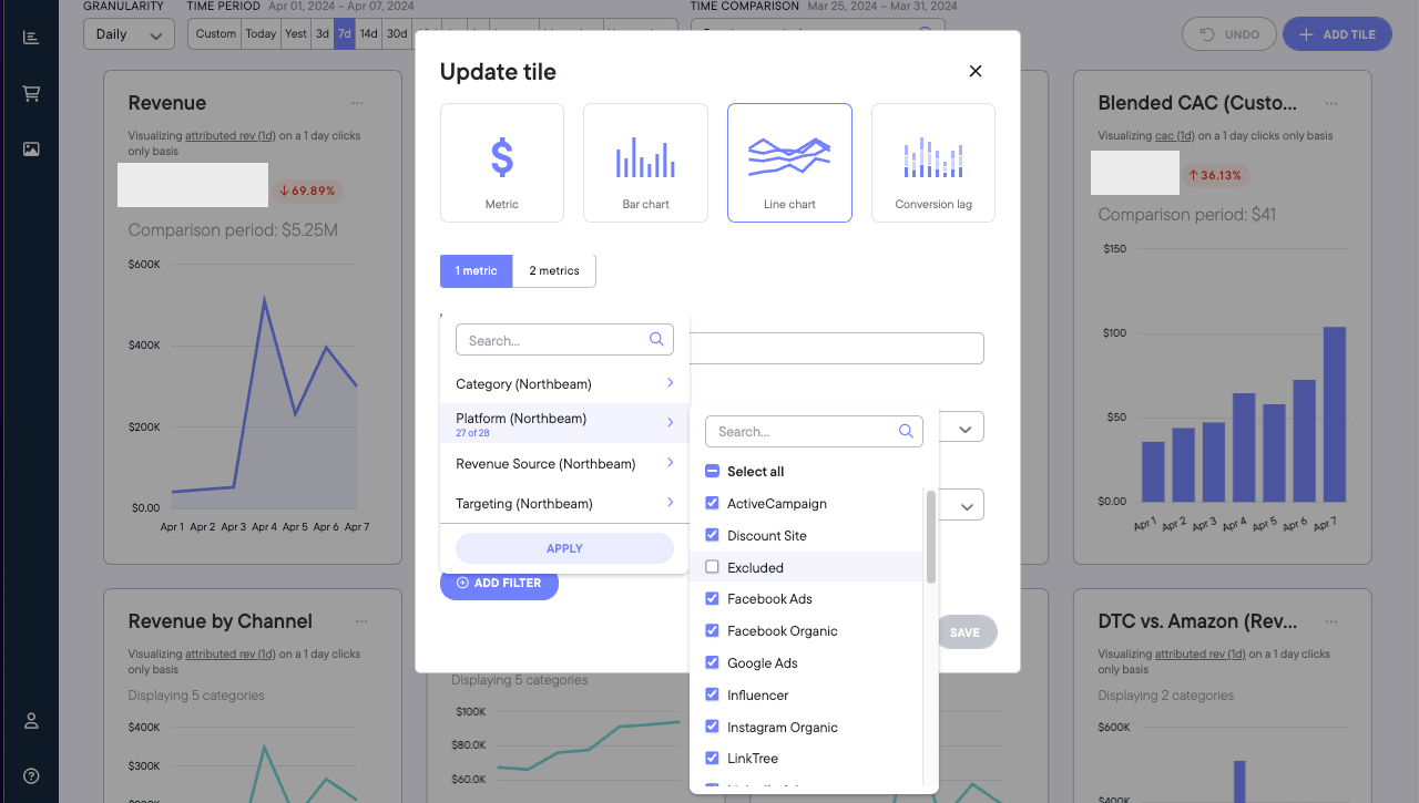 Filter function in Overview Page
(3 dots the tile > Tile Settings > Add Filter > Platform > Untick "Excluded" > Apply)