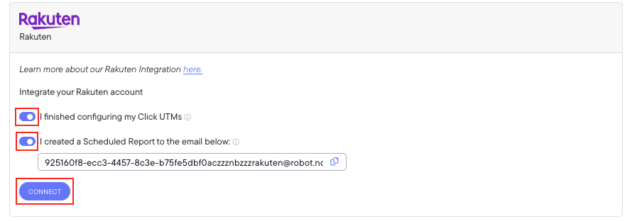 Rakuten connection in Northbeam with the Click UTMs and Scheduled Report boxes checked