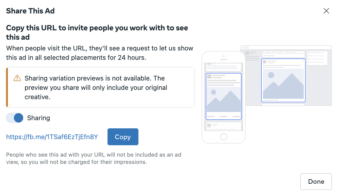 Meta Ads Manager preview with Share a link option