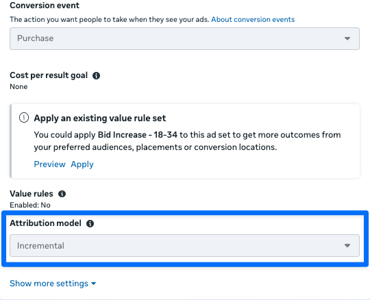 Meta Ad Set attribution model setting showing the Incremental option