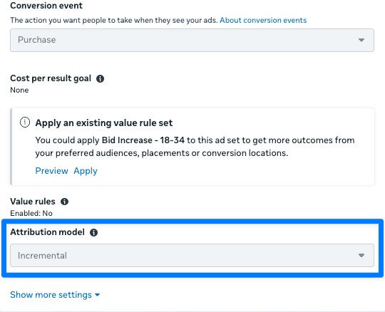 Meta Ad Set attribution model setting showing the Incremental option