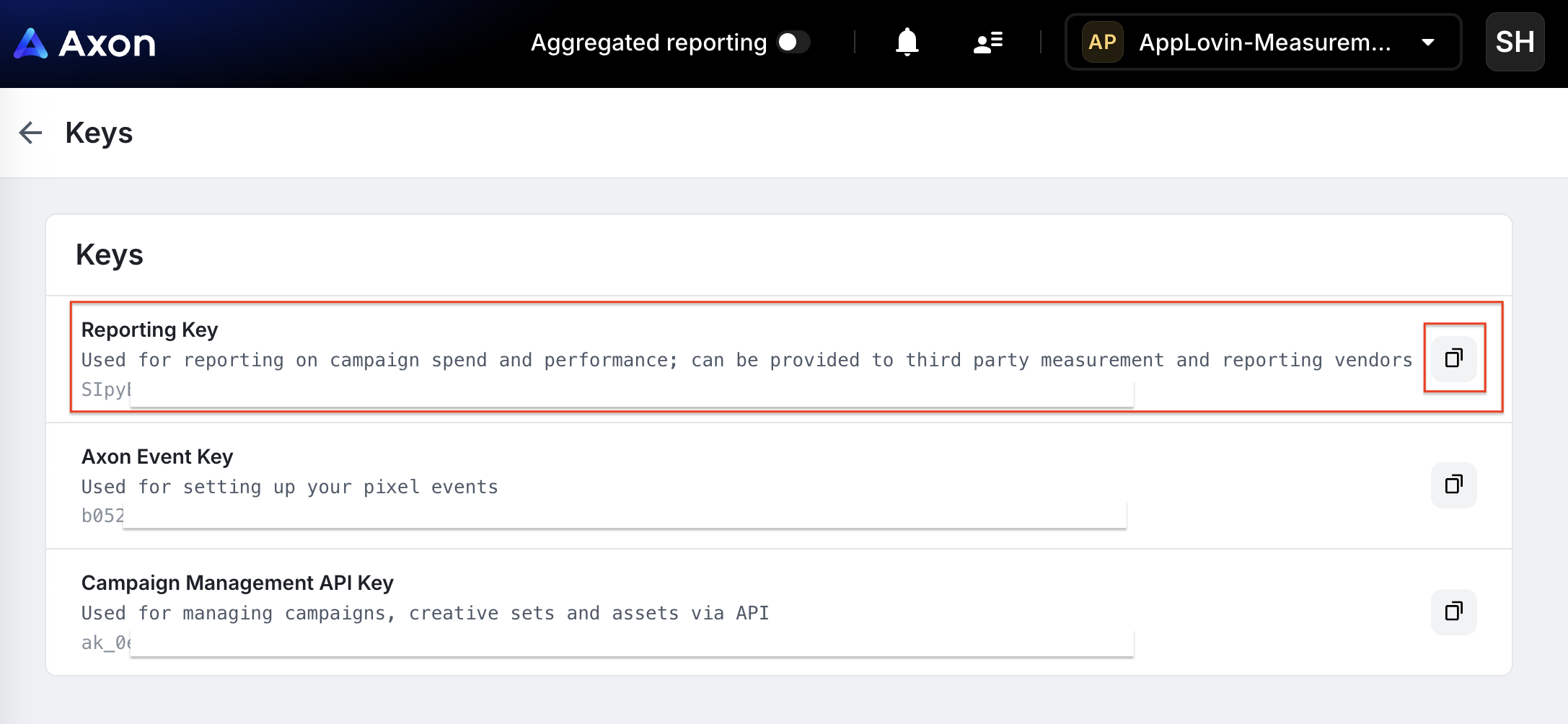 AppLovin Keys page showing the Report Key