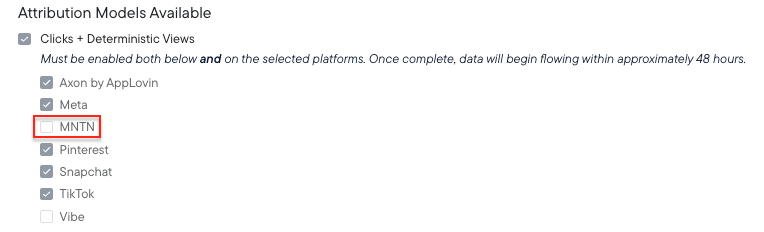 C+DV attribution model settings with MNTN checked under Available Platforms
