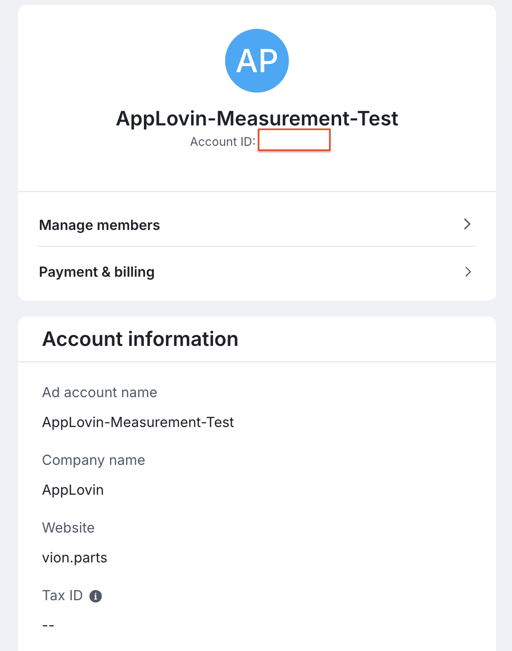 AppLovin Other Settings page showing the Account ID