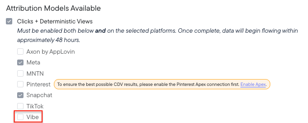 C+DV attribution model settings with Vibe.co checked under Available Platforms