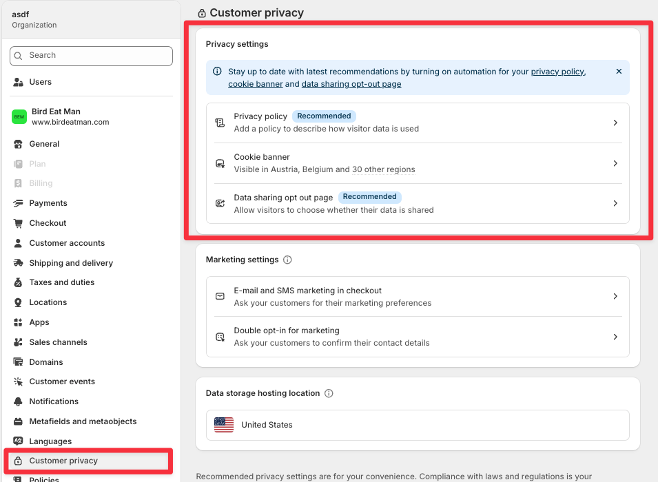 Shopify Customer Privacy settings