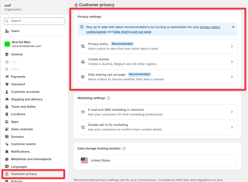 Shopify Customer Privacy settings