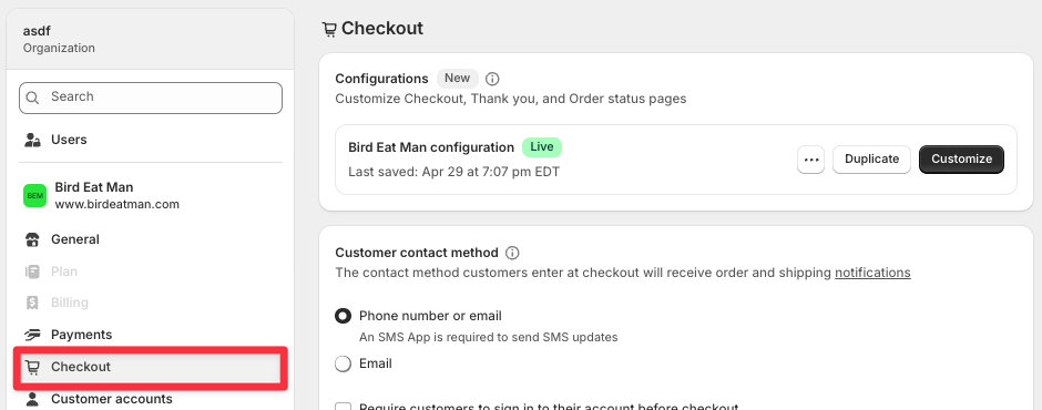 Shopify Checkout settings
