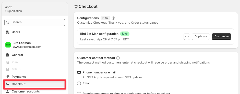 Shopify Checkout settings