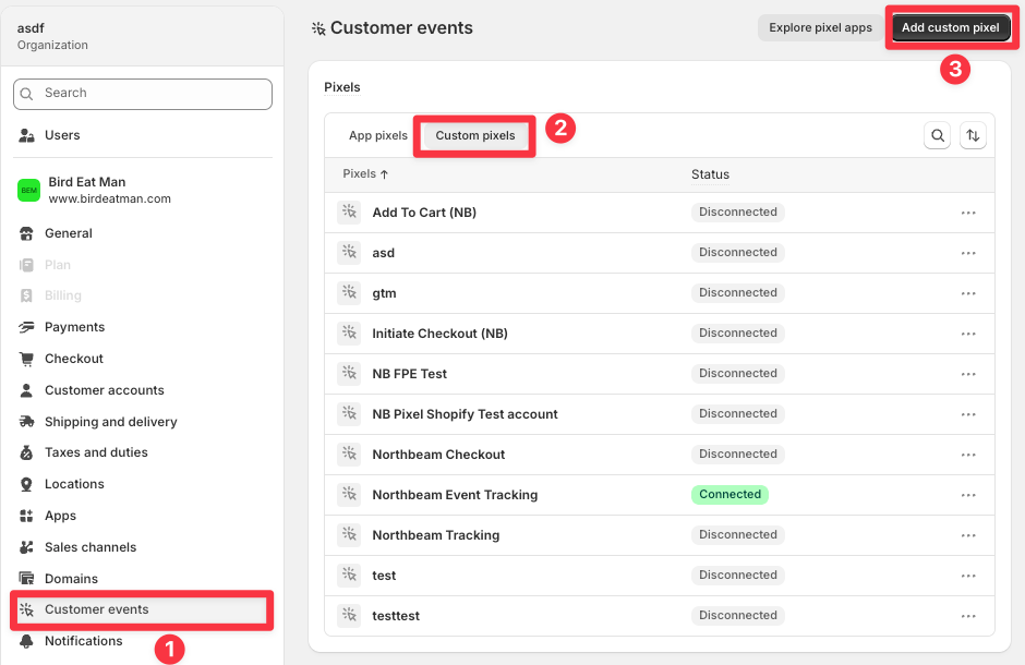 Customer events, Custom pixels tab, and the Add custom pixel button