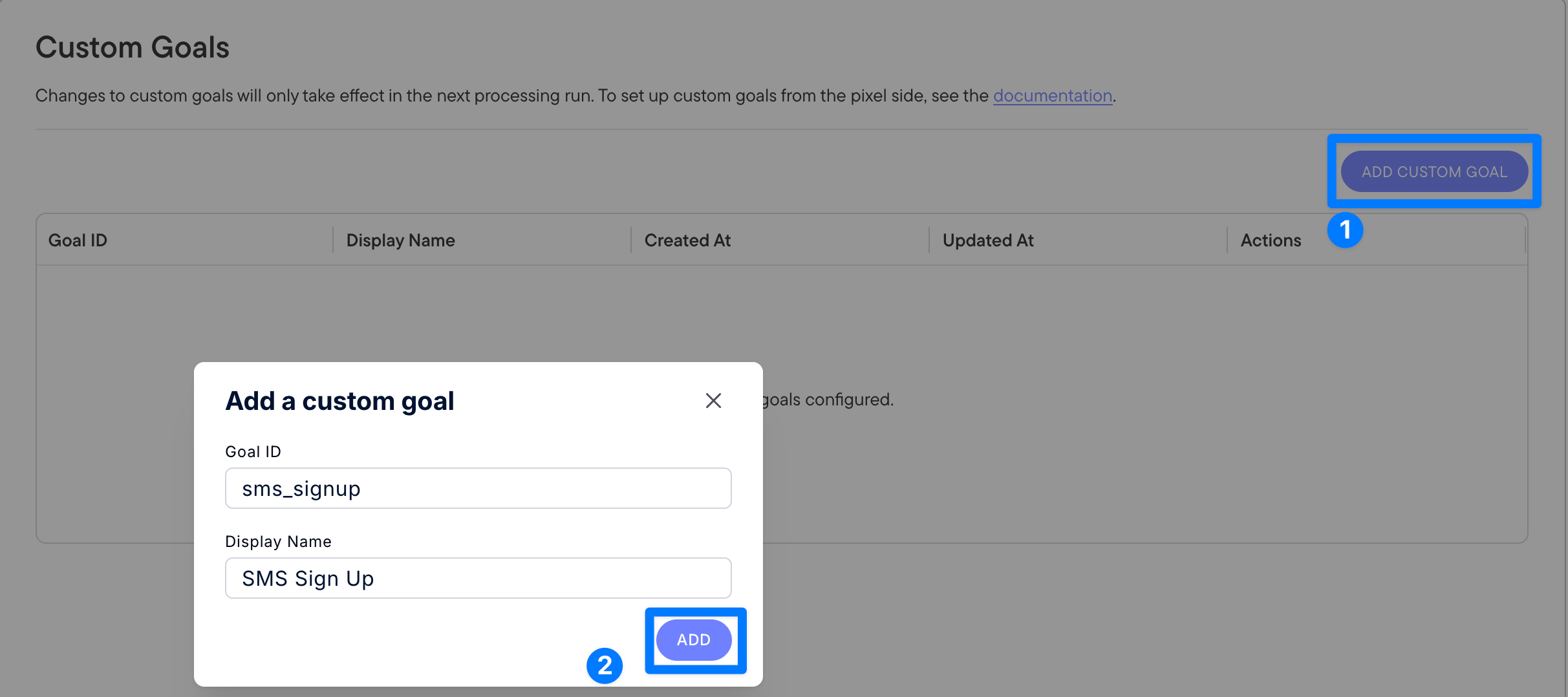 Settings, Custom Goals page with the Add Custom Goal button and the Add a custom goal form