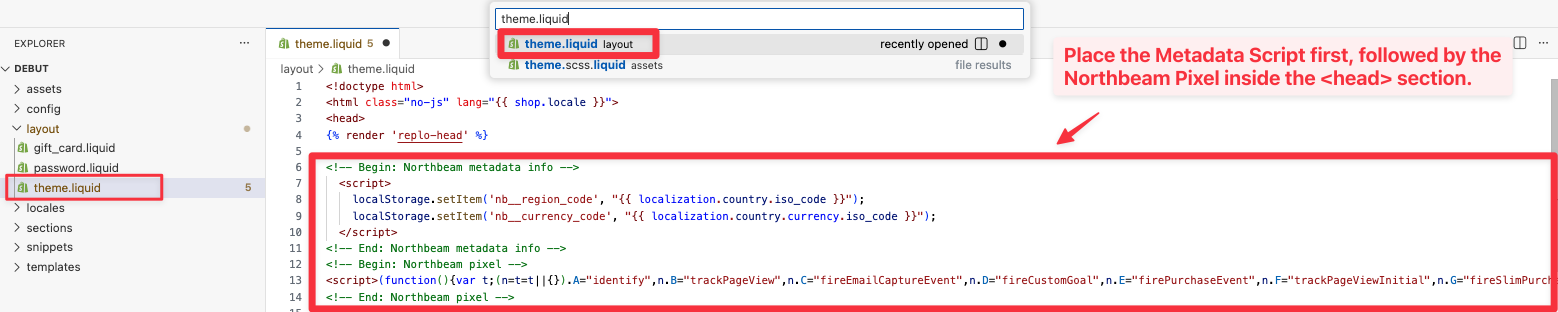 Metadata Script and Northbeam Pixel pasted at the top of the head section in theme.liquid