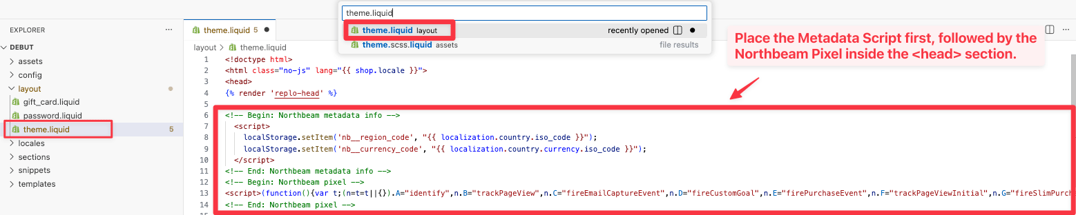 Metadata Script and Northbeam Pixel pasted at the top of the head section in theme.liquid
