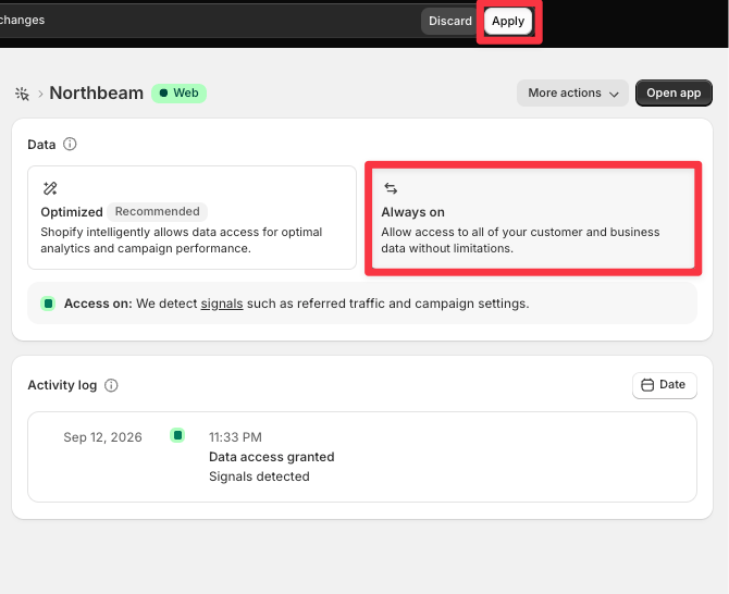 Always on data access setting for the Northbeam App Pixel